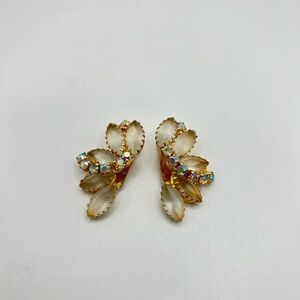 Vintage La Rel Frosted Leaf Rhinestone Clip On Earrings Iridescent